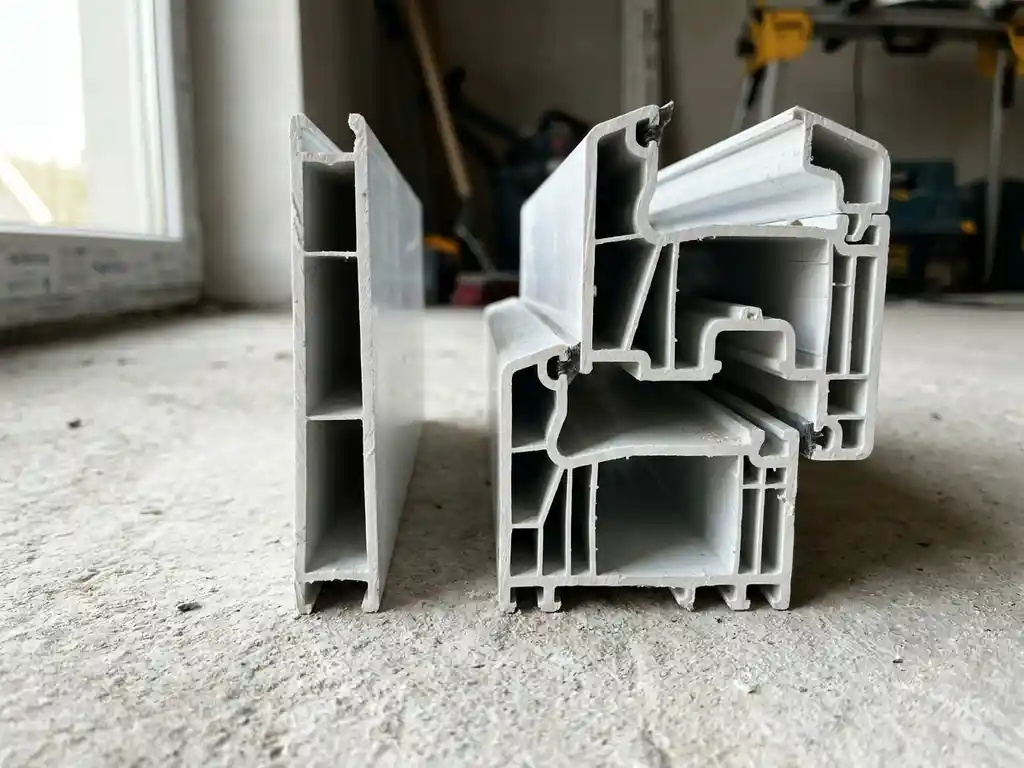 Dwarsdoorsnede van twee witte uPVC kozijnprofielen naast elkaar op betonnen ondergrond, interne kamers zichtbaar.