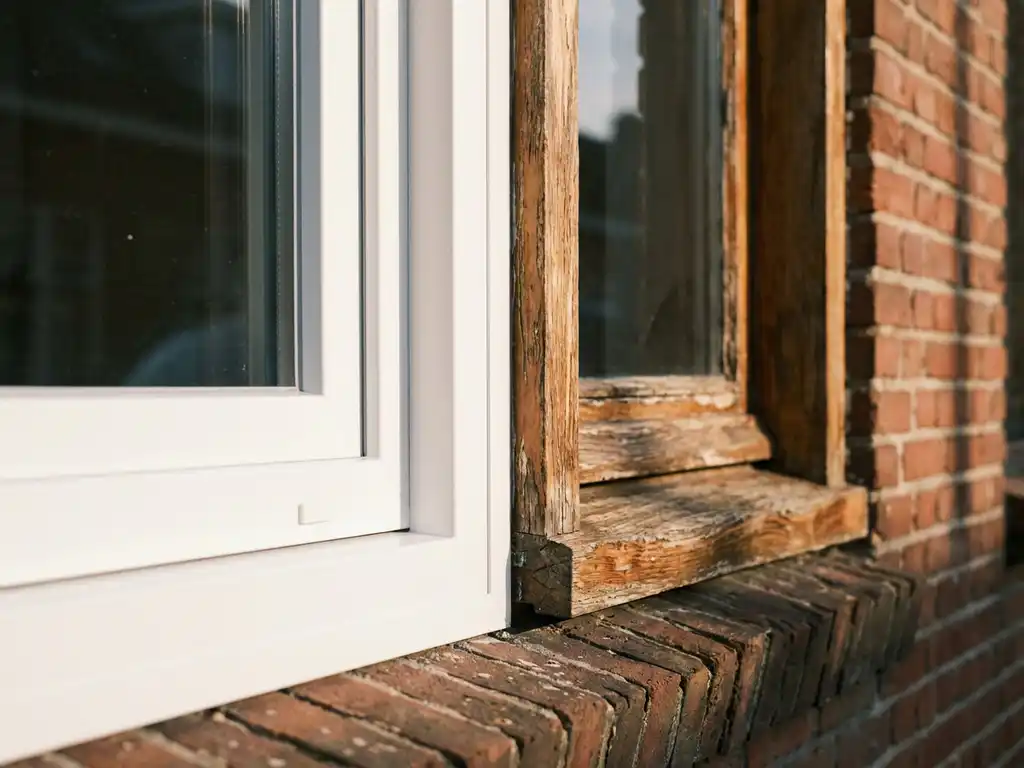 Wit uPVC kozijn naast verweerd eiken houten kozijn in bakstenen gevel, zachte ochtendlicht benadrukt houtnerf en glad plastic oppervlak.