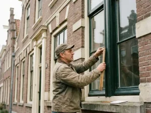 Ambachtsman meet sierlijk raamkozijn op historisch Fries grachtenpand met bakstenen gevel en decoratief natuursteen.