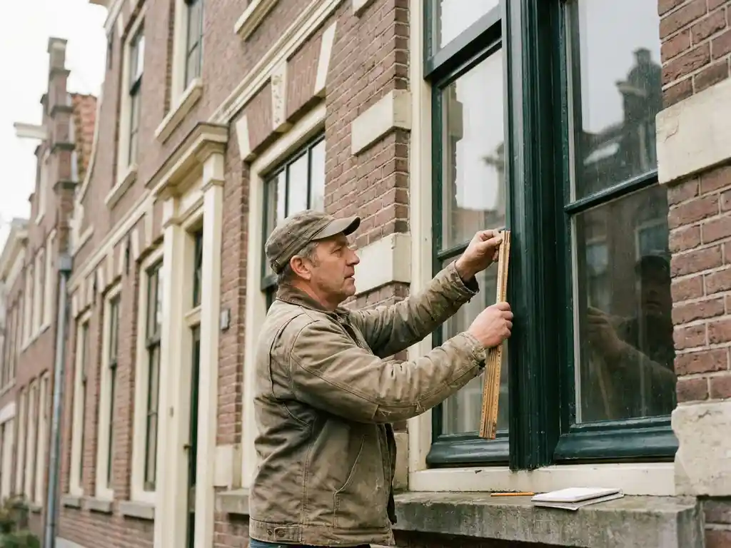 Ambachtsman meet sierlijk raamkozijn op historisch Fries grachtenpand met bakstenen gevel en decoratief natuursteen.