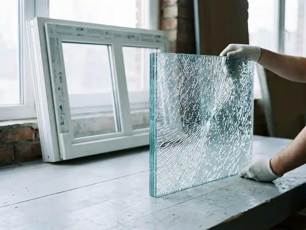 Gebarsten P4A veiligheidsglas met spinnenwebpatroon, lamineringlagen intact, voor wit PVC-raamkozijn in werkplaats.
