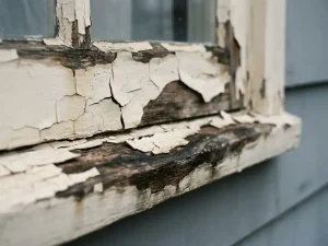 Afbladderende en opbollende witte verf op een verweerde houten kozijn, met zichtbare vochtschade en kale houtstructuur eronder.