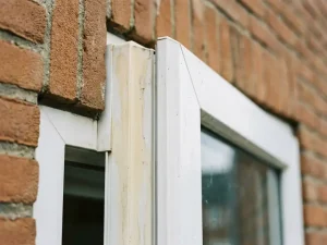 Vergeling en weersinvloeden op een wit uPVC kozijn tegen een traditionele Nederlandse bakstenen gevel, gefotografeerd in diffuus daglicht.