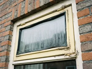 Vergrijsd uPVC kozijn met vergeling, versleten afdichtingen en condensatie op dubbelglas, tegen bakstenen gevel van Nederlandse woning.