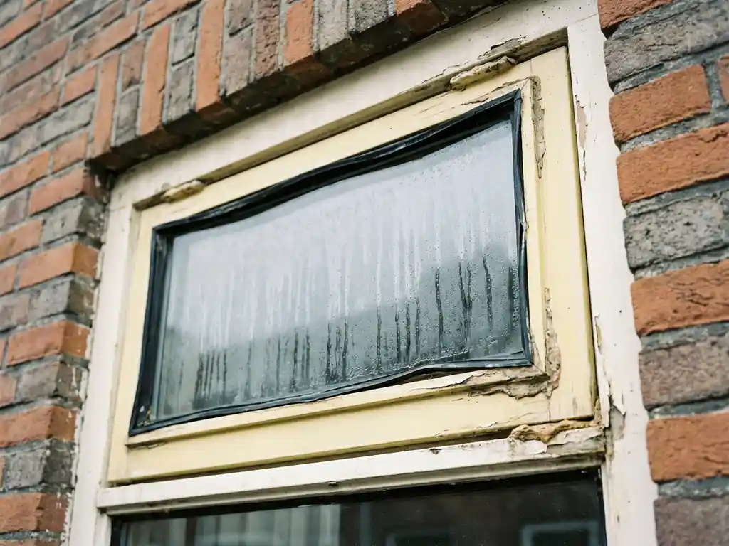 Vergrijsd uPVC kozijn met vergeling, versleten afdichtingen en condensatie op dubbelglas, tegen bakstenen gevel van Nederlandse woning.