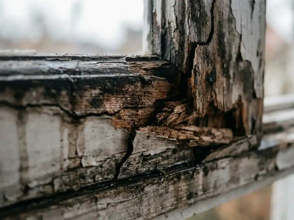 Verweerd houten kozijn met diepe scheuren, donkerbruine houtrot en afbladderende verf, close-up detail bij daglicht.