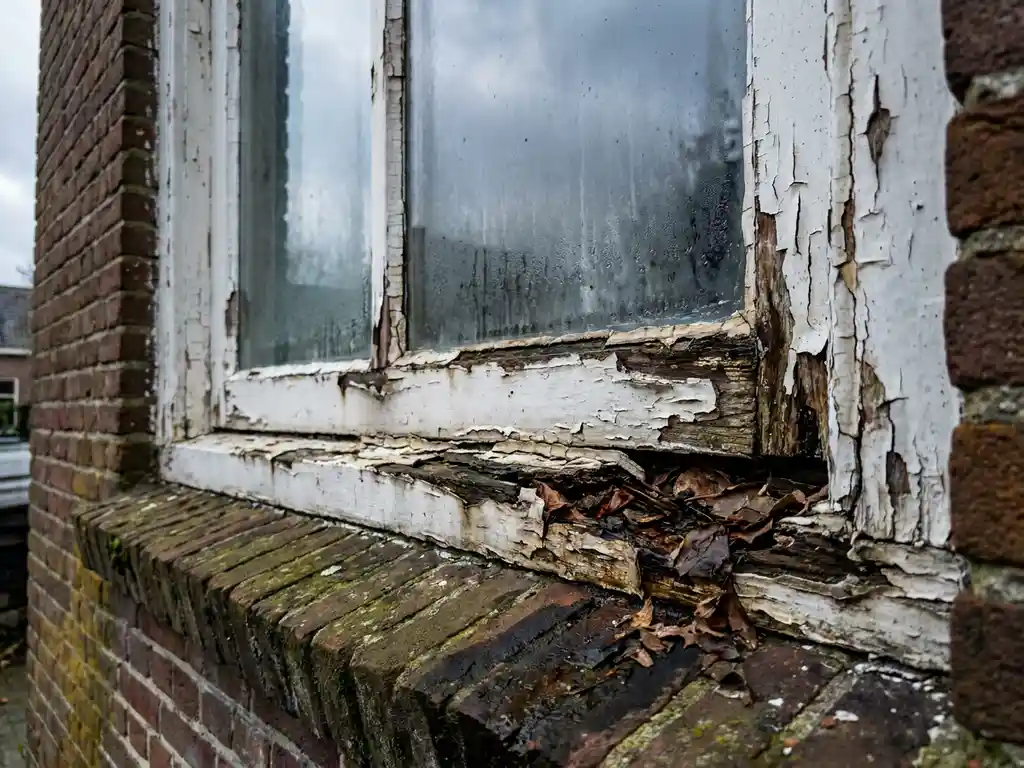 Verweerd raam met afbladderende witte verf, beschadigd kit en beslagen dubbelglas in bakstenen gevel met vochtplekken.