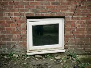 Vervormd wit PVC-kozijn in bakstenen gevel met diagonale scheurvorming rond de hoeken en verzakte fundering.
