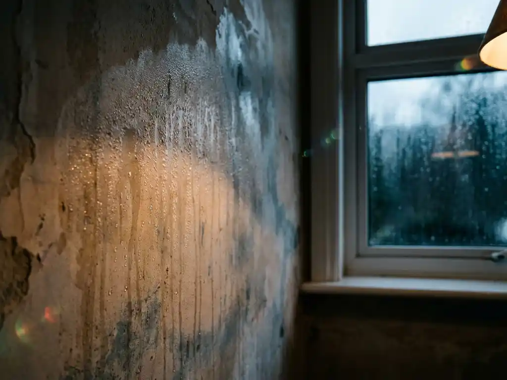 Vochtige binnenmuur met waterdruppels op oud pleisterwerk, witte uPVC raamkozijn op de achtergrond, condensatie en vochtproblemen zichtbaar.