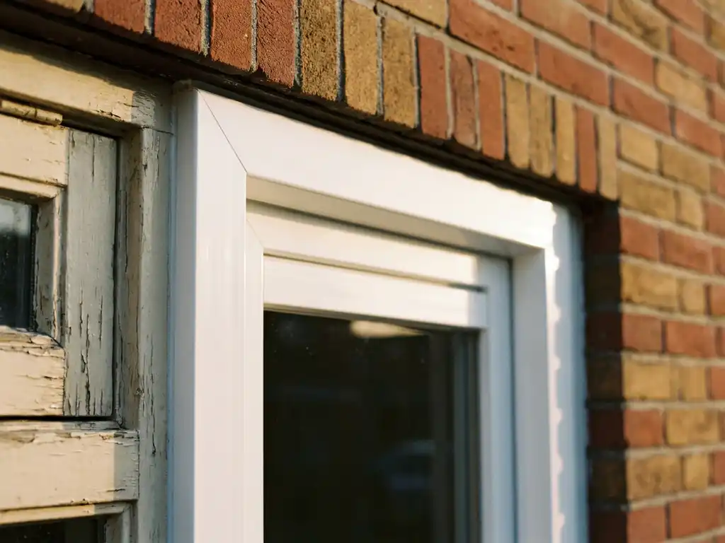 Wit PVC-kozijn op een Nederlandse bakstenen gevel, verlicht door zacht middagzonlicht met lichte verwering ernaast.