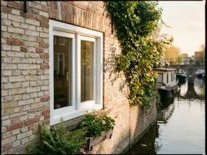 Wit uPVC kozijn in traditionele Nederlandse bakstenen gevel aan Fries kanaal, verlicht door warm middagzonlicht met groene begroeiing.