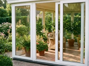 Lichte serre met witte PVC-ramen, rieten stoel en tropische kamerplanten op terracotta tegels in een Nederlandse tuin.
