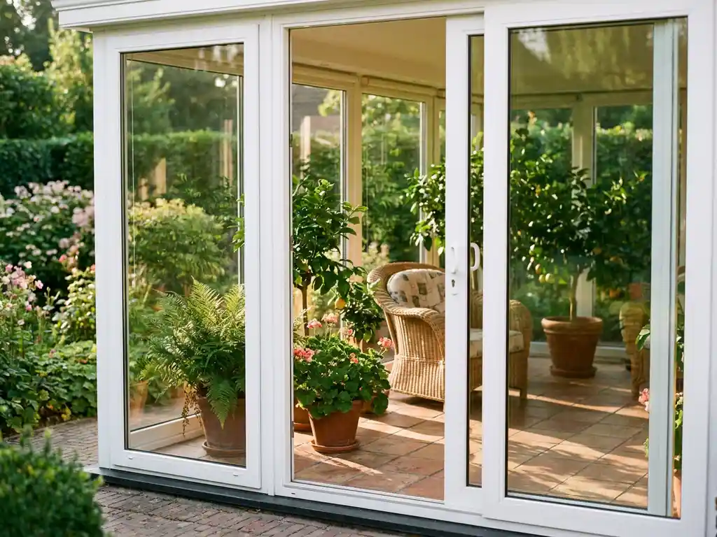 Lichte serre met witte PVC-ramen, rieten stoel en tropische kamerplanten op terracotta tegels in een Nederlandse tuin.