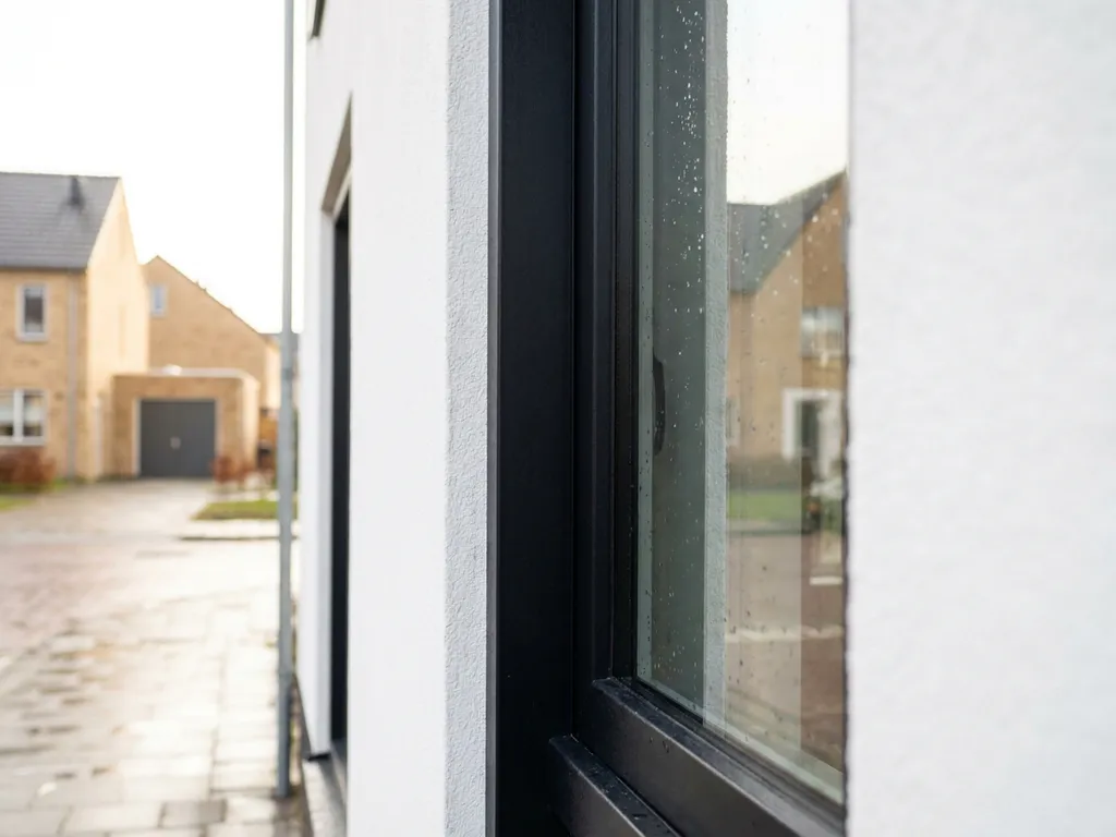 Zwart kunststof kozijn in witte gevel van moderne woning in Almere, scherp contrast met zandkleurig metselwerk op de achtergrond.