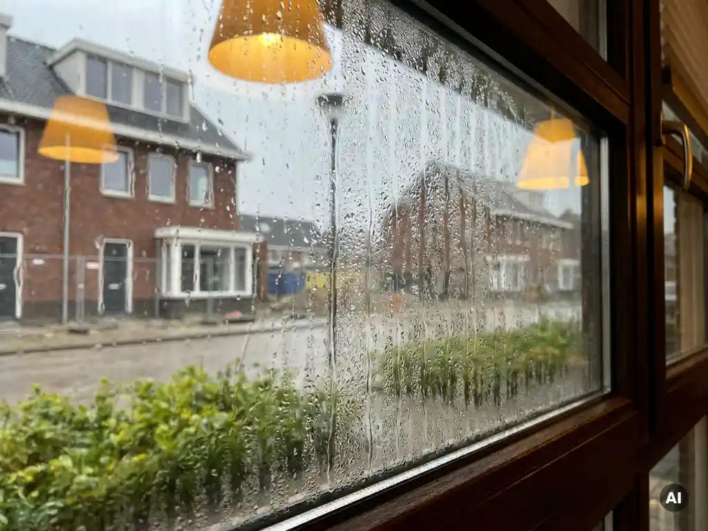 Condensatiedruppels op een koud raam in een modern geïsoleerd Nederlands huis, warm amberkleurig binnenlicht contrasteert met bewolkte lucht buiten.