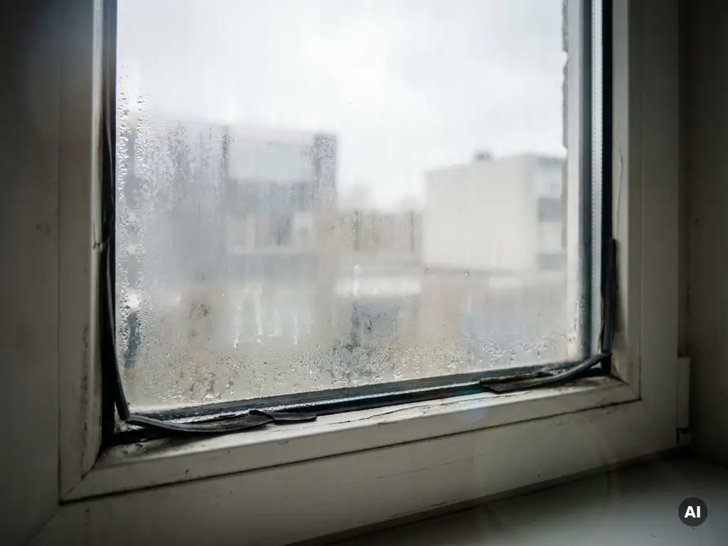 Verouderd dubbel glas met condensatie tussen de ruiten en slijtende rubberafdichting in een wit uPVC kozijn.