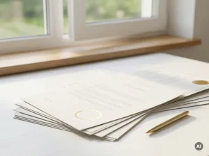 Officiële installatiedocumenten en garantiecertificaten uitgespreid op wit bureau, met nieuw PVC-raamkozijn op de achtergrond.