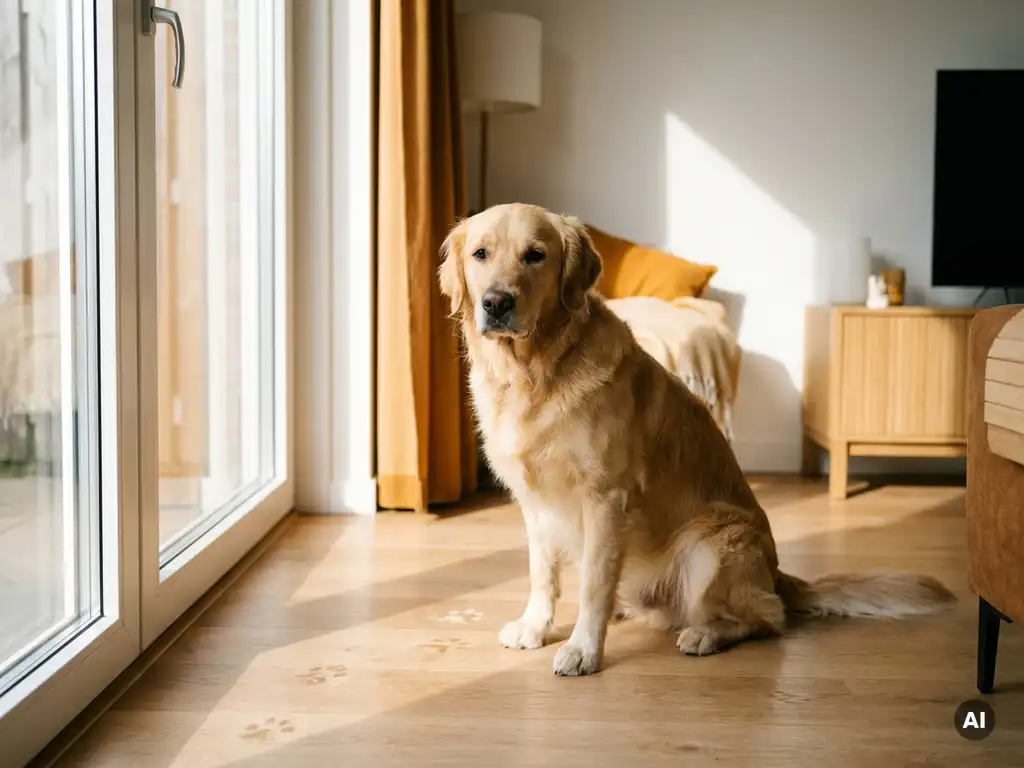 Gouden retriever zit rustig naast een wit PVC-raamkozijn in een Nederlandse woning, met zachte middagzon op eiken vloer.