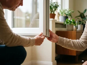 Huiseigenaar inspecteert nauwkeurig de hoekverbinding van een nieuw geplaatst wit PVC-kozijn in een Nederlandse woning.