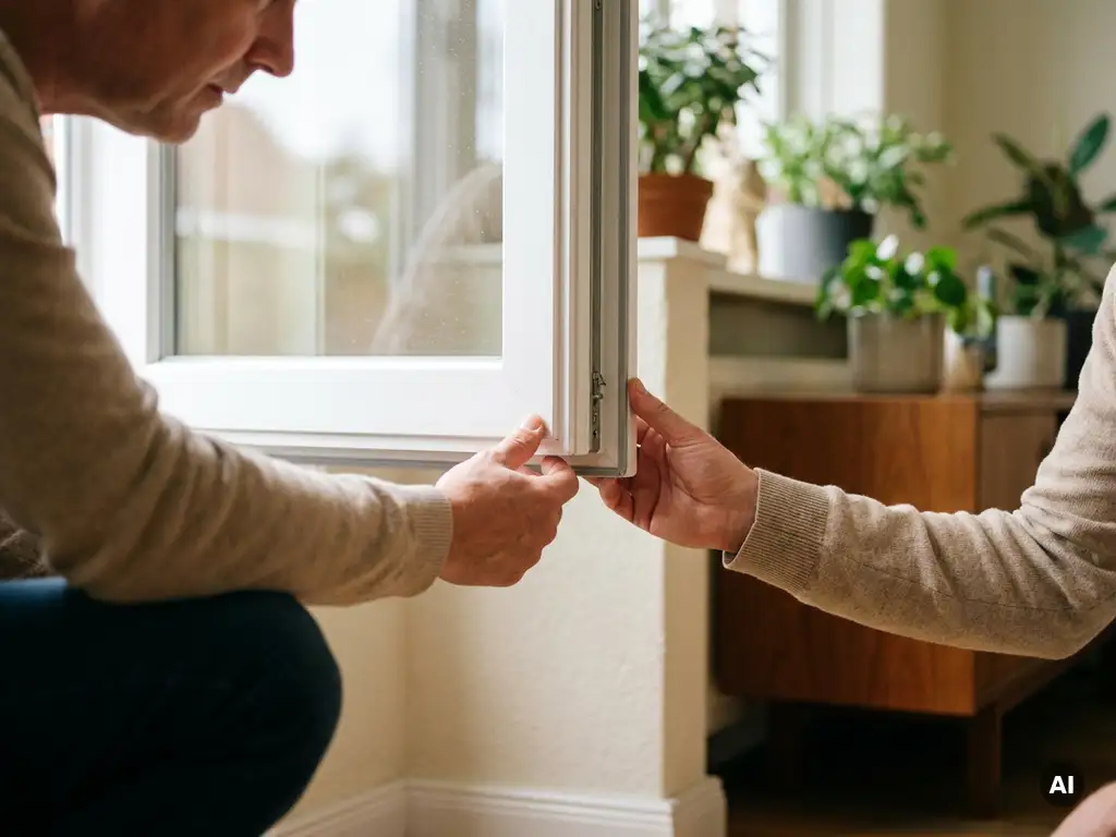 Huiseigenaar inspecteert nauwkeurig de hoekverbinding van een nieuw geplaatst wit PVC-kozijn in een Nederlandse woning.
