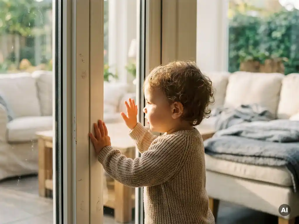 Kind dat nieuwsgierig handjes tegen een wit PVC-kozijn drukt, zacht tuinlicht door veiligheidsglas, gezellige Nederlandse woonkamer op achtergrond.