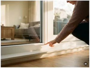 Huiseigenaar inspecteert haarscheurtje in afdichting van nieuw geïnstalleerd wit PVC-kozijn in Nederlandse woning.