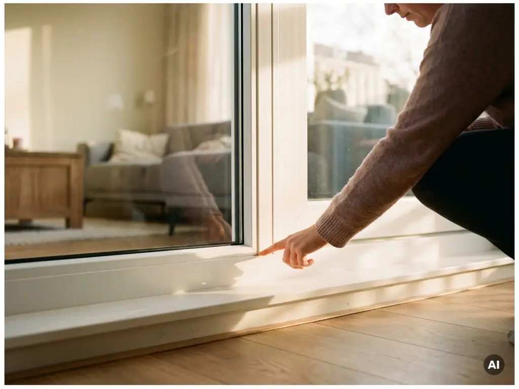 Huiseigenaar inspecteert haarscheurtje in afdichting van nieuw geïnstalleerd wit PVC-kozijn in Nederlandse woning.