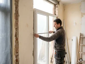 Installateur meet wit PVC-kozijn nauwkeurig op in gedeeltelijk gerenoveerde Nederlandse woning, meetlint uitgestrekt over het frame.