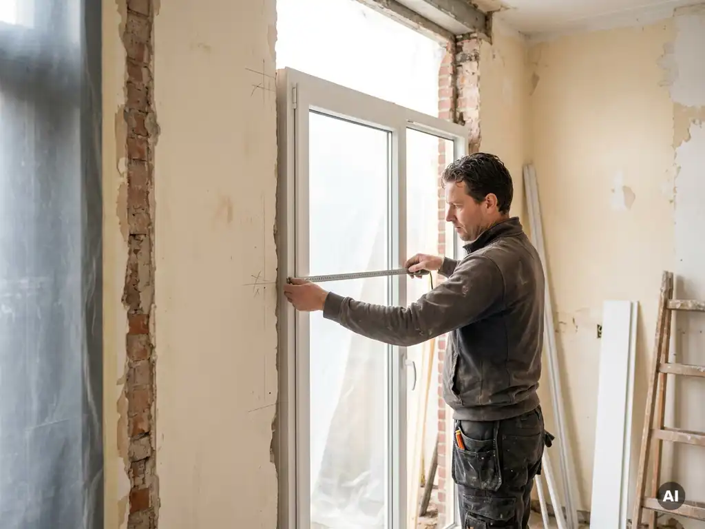Installateur meet wit PVC-kozijn nauwkeurig op in gedeeltelijk gerenoveerde Nederlandse woning, meetlint uitgestrekt over het frame.