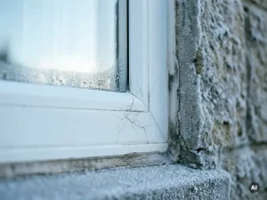 Witte uPVC vensterhoek met haarscheurtjes in de kit tegen een berijpte buitenmuur, condensdruppels op het glas in winterse belichting.
