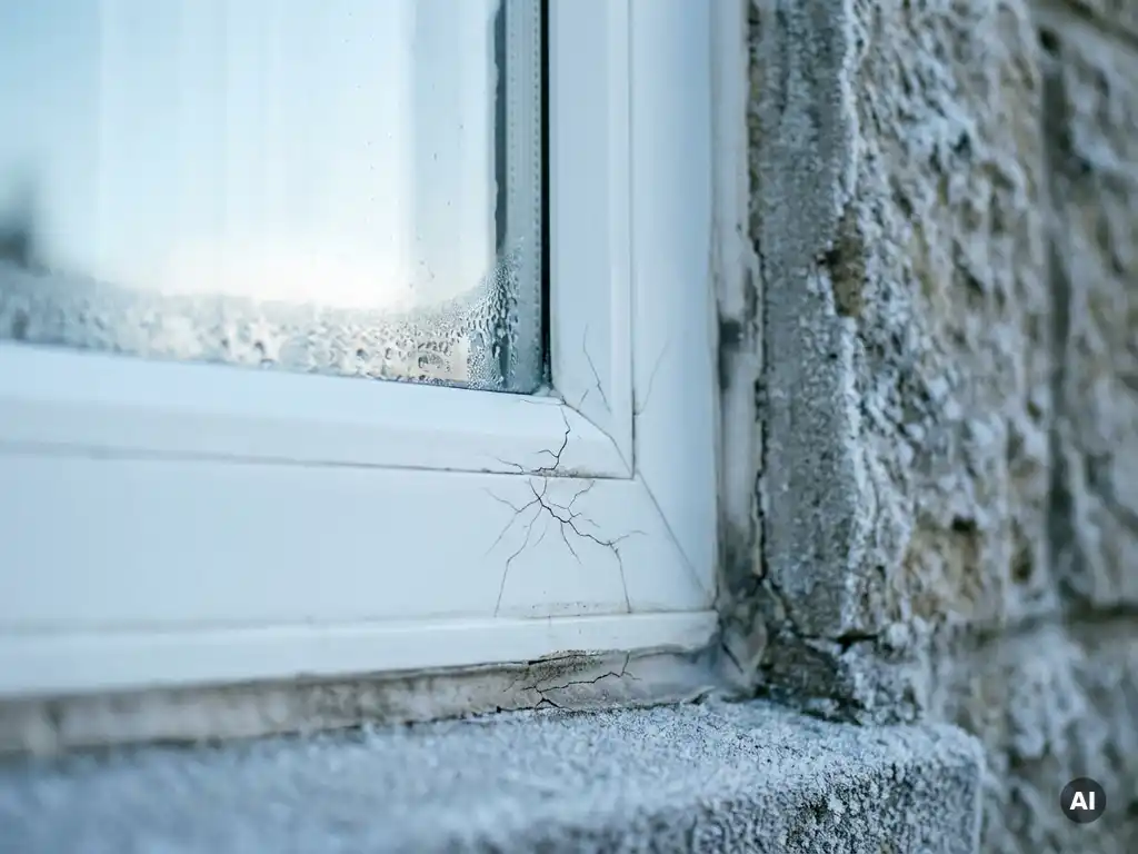 Witte uPVC vensterhoek met haarscheurtjes in de kit tegen een berijpte buitenmuur, condensdruppels op het glas in winterse belichting.