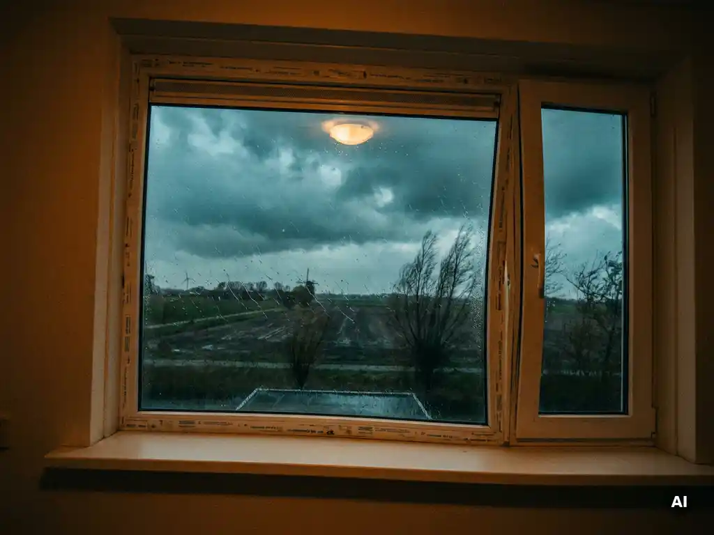 Wit kunststof kozijn buigt onder stormdruk, met diagonale regenstrepen op het glas en buigende bomen in een vlak Nederlands landschap.