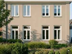 Brede Nederlandse vrijstaande woning met symmetrische witte PVC-kozijnen op grijze gevel, omgeven door groene tuin in middagzon.