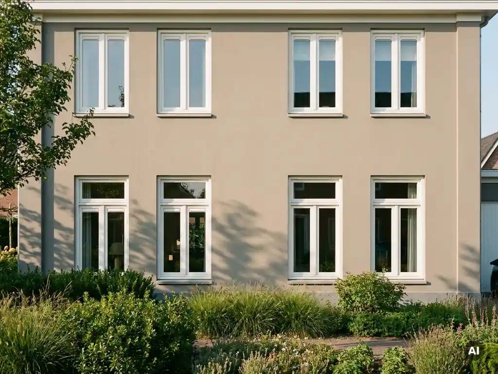 Brede Nederlandse vrijstaande woning met symmetrische witte PVC-kozijnen op grijze gevel, omgeven door groene tuin in middagzon.