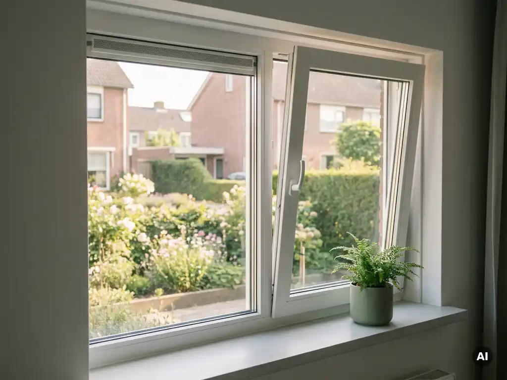Witte uPVC draai-kiepramen op een kier met zicht op een Nederlandse tuin, helder daglicht en een klein potplantje op de vensterbank.
