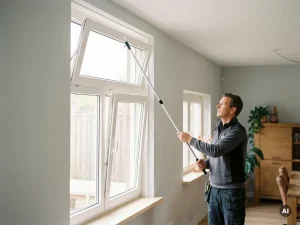 Installateur bedient een kantel-draaikozijn van uPVC binnenin een Nederlandse woning, zacht daglicht door witte raamkozijnen.
