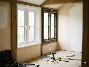 Kamer in renovatie met nieuw wit uPVC-kozijn naast oud houten raamkozijn, gereedschap op stoffige vloer, natuurlijk daglicht.