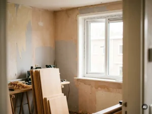 Nieuw geplaatst wit kunststof kozijn in gedeeltelijk gerenoveerde Nederlandse keuken met zichtbaar ruw pleisterwerk en stapel kastpanelen.