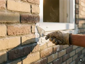 Gehandschoende hand die verse witte stucco aanbrengt rondom een nieuw PVC-raamkozijn in een Nederlandse bakstenen gevel.