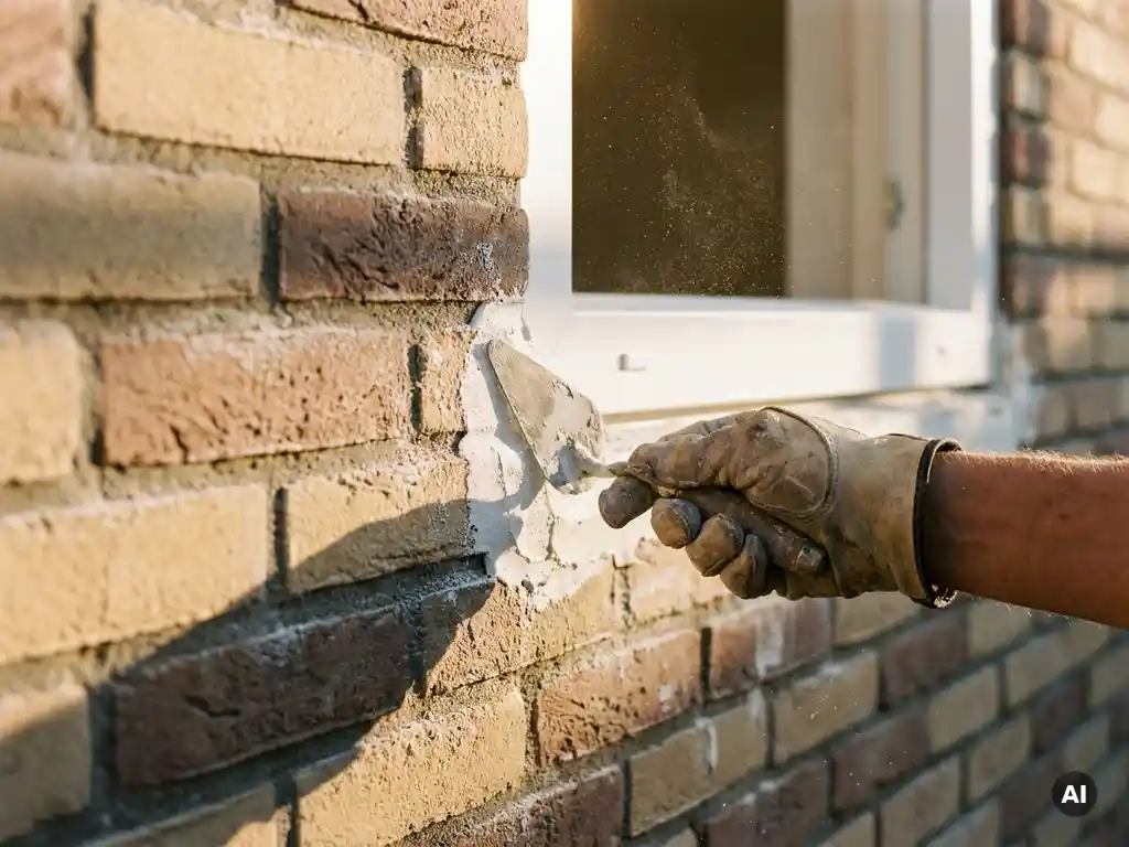 Gehandschoende hand die verse witte stucco aanbrengt rondom een nieuw PVC-raamkozijn in een Nederlandse bakstenen gevel.