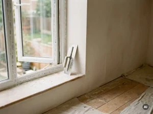 Vers gepleisterde witte binnenmuur naast half-geïnstalleerd PVC-raamkozijn, met stucstof op de vensterbank en een pleisterspaan tegen de muur.