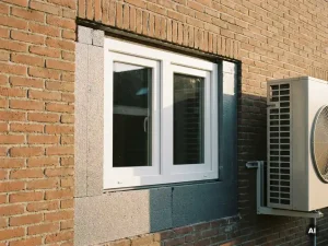 Nieuw geplaatst wit PVC-raamkozijn in bakstenen gevel met gevelisolatie en warmtepomp, zachte middagzon op terracottarood metselwerk.