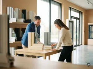 Adviseur en huiseigenaar bekijken PVC raamprofielen in wit en antraciet bij een lichte showroomtafel met natuurlijk daglicht.