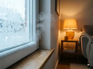Bevroren vensterbank met condensatie aan de basis van een wit PVC-raamkozijn, warme woonkamer op de achtergrond.