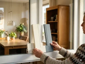 Huiseigenaar vergelijkt crème witte en leisteen grijze kozijnprofielen naast een nieuw geïnstalleerd wit PVC-kozijn in Nederlandse woning.