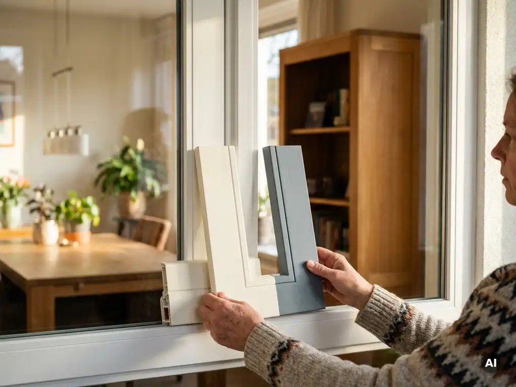 Huiseigenaar vergelijkt crème witte en leisteen grijze kozijnprofielen naast een nieuw geïnstalleerd wit PVC-kozijn in Nederlandse woning.