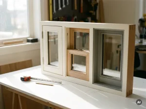Raamkozijn staal met meerdere paneelconfiguraties op witte werktafel, meetlint en potlood ernaast, zacht natuurlijk daglicht.