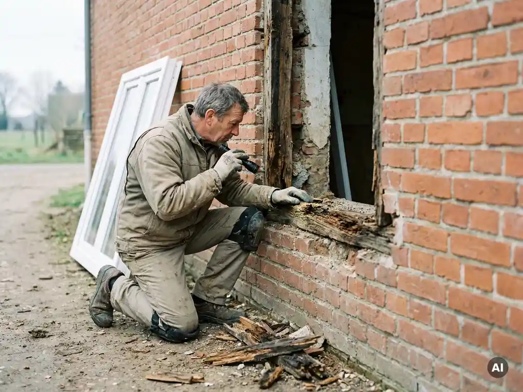 Installateur knielt bij verweerde bakstenen muur en inspecteert verrot houten kozijn rond verwijderde raamopening, wit PVC-raam leunt ernaast.