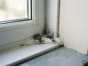 Zwarte schimmelplekken op witte kit tussen kunststof kozijn en muur, met vochtige druppels op het oppervlak en een natte vensterbank.