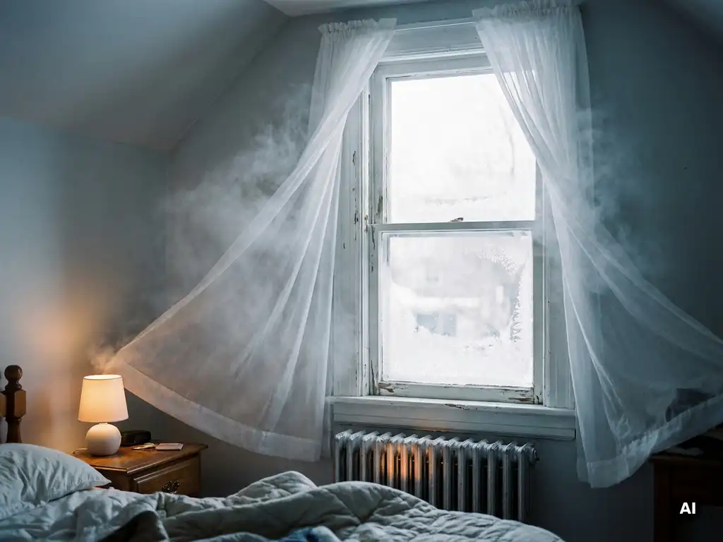 Tochtige slaapkamer met opbollende vitrage bij enkel glas raam, ijsbloemen op de rand en radiator eronder in winterlicht.